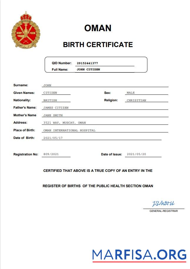 Blank Oman birth certificate Word and PDF template